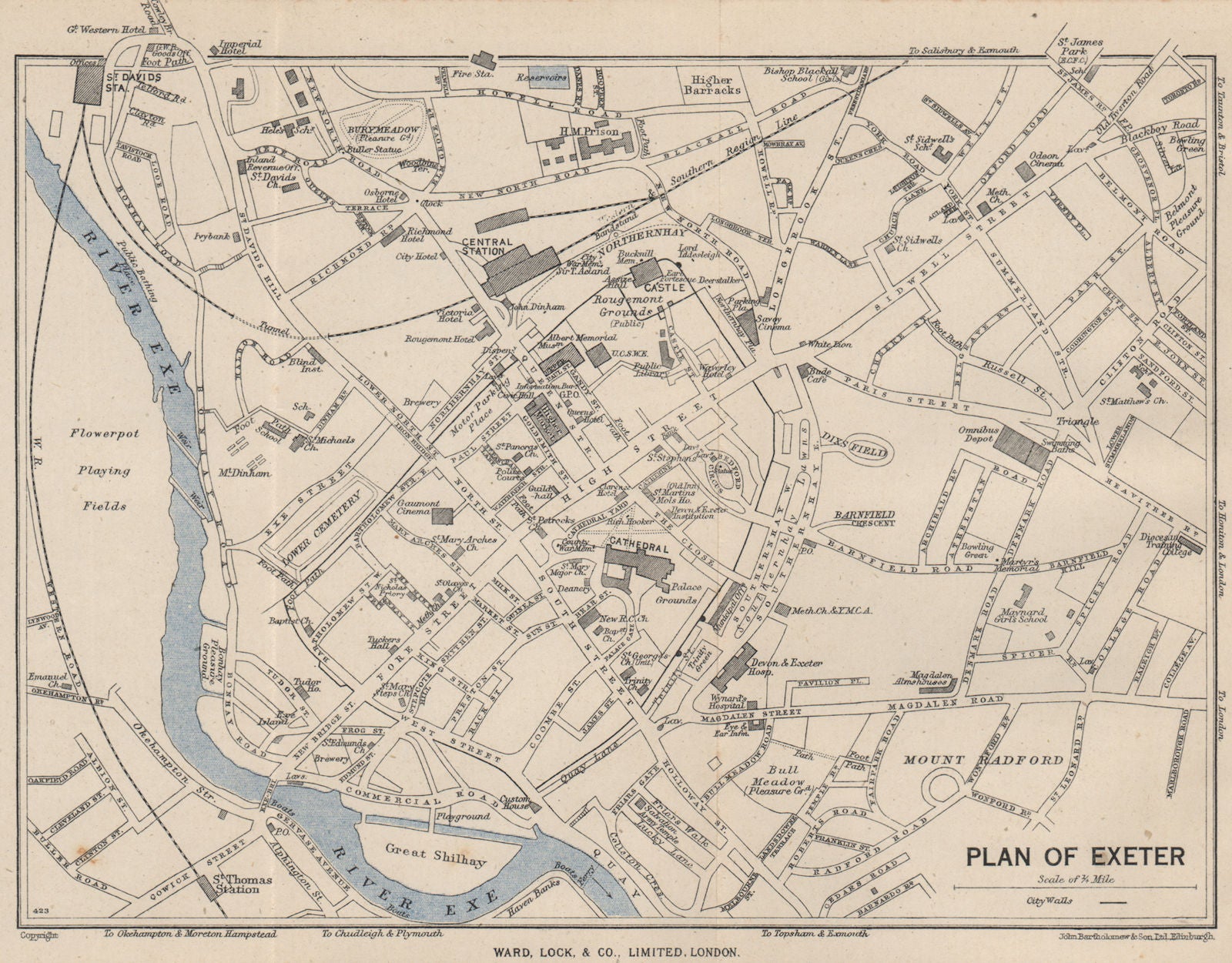 EXETER vintage town/city plan. Devon. WARD LOCK 1948 old vintage map chart